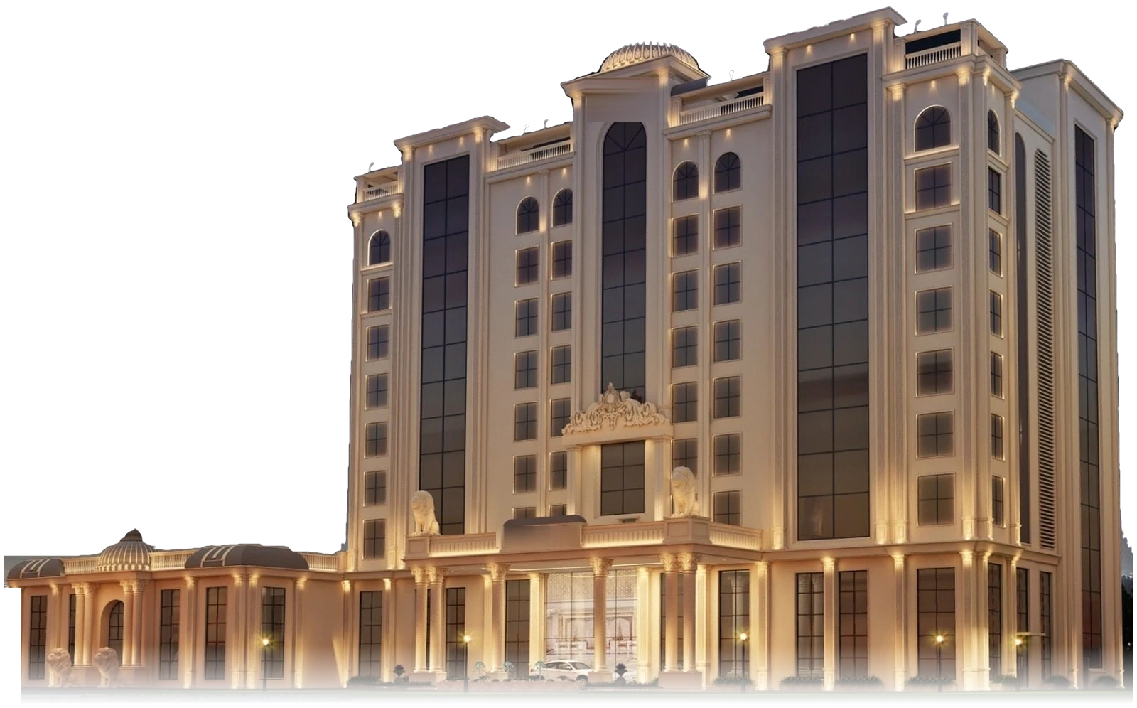 The dome and crown of Vetiver Grand at dusk, nine floors above Jabalpur.