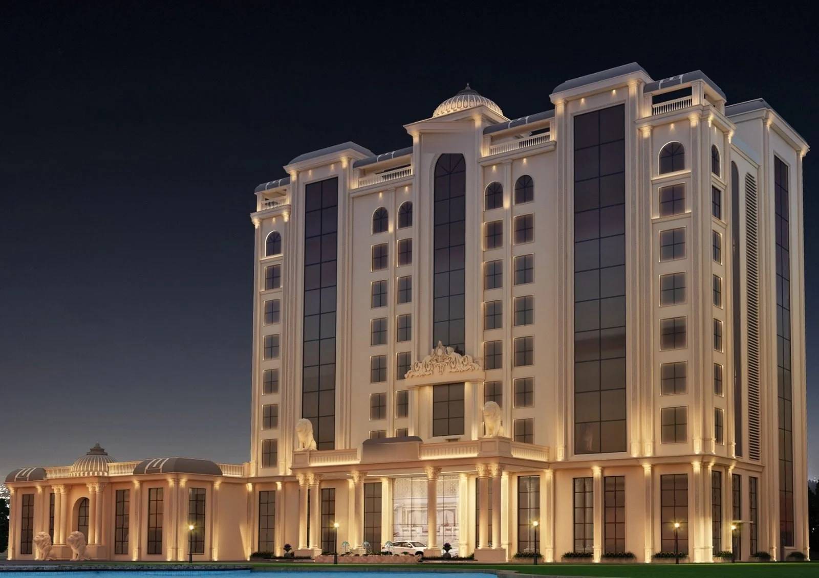 Night settles on Vetiver Grand: the dome and crown of the luxury hotel in Jabalpur, its colonnades still lit gold beneath a dark, starred sky.
